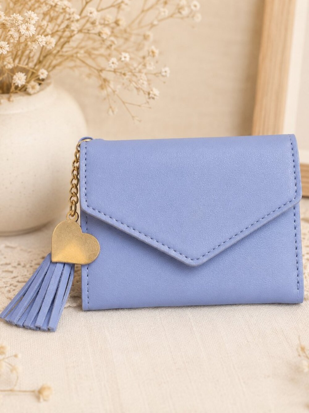 Women’s‎ Blue Trifold Wallet Faux Leather Card ID Cash Holder Heart Tassel NIP